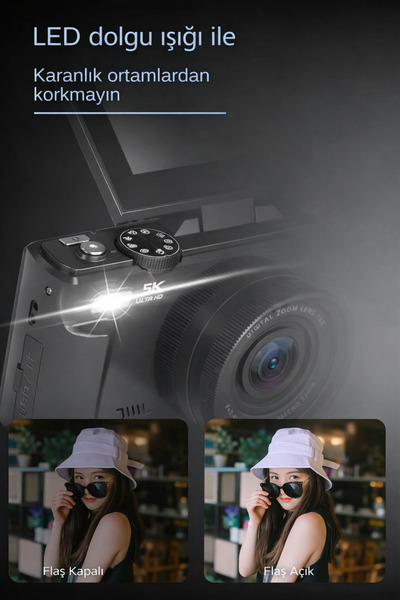 İMEXTECH W1 5K 75MP 18X Zoom Flaşlı 3” Flip Ekranlı Türkçe 64GB Kart Dijital Vlog Fotoğraf Makinesi