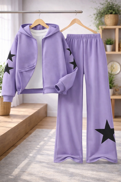 Kids Yıldız Baskılı Lila Altı Polarlı Çocuk Alt-üst