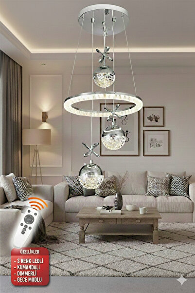 Ece Aydınlatma Heidi Krom Lüks Kumandalı Dimmerli 3 Renkli Salon ve Oturma Od...