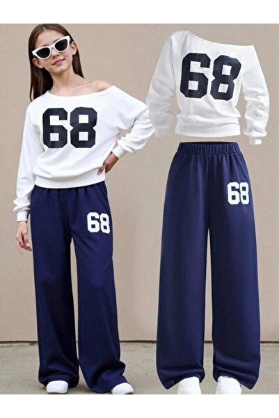 Machetta Girl's New 68 Printed White-Navy Blue Boat Neck Sweatshirt Tracksuit Bottom Top Set