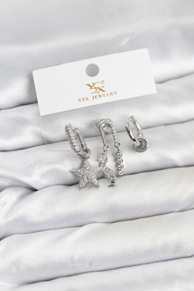 Lisinya طقم أقراط من النحاس الفضي اللون مع حجر الزركون على شكل نجمة طراز YSX ...