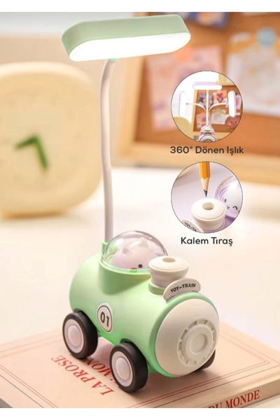 Home Tren Figürlü İki Kademeli Kalemtraşlı Masa Ve Gece Lambası Kablosuz Şarj...