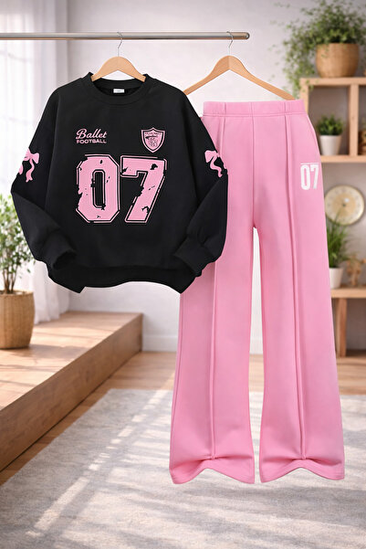 Kids 07 Baskılı Kız Çocuk Alt Üst Takım Siyah Pembe