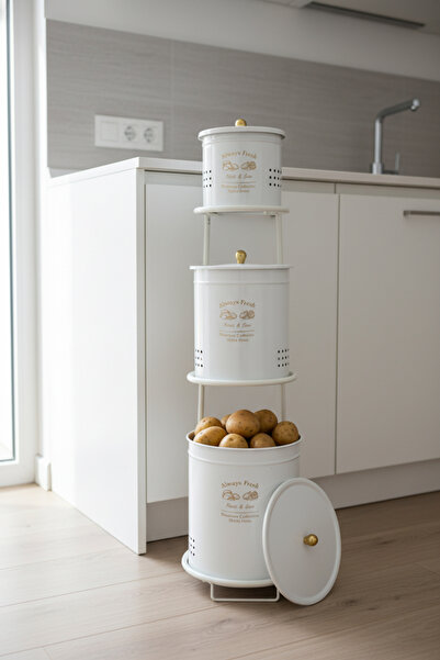 Doğa Dizayn Patates Soğan Sarımsak Saklama Seti Beyaz – 3 Katlı Metal Sebzeli...