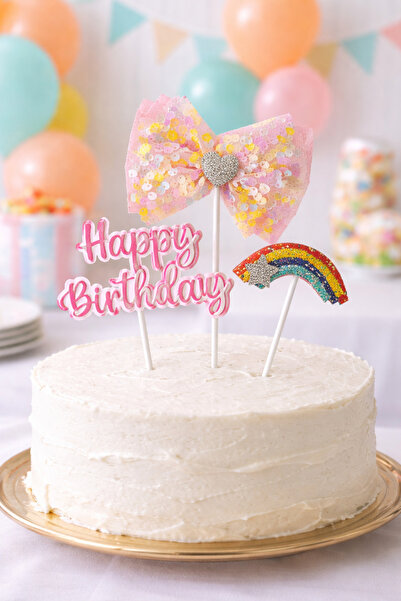 Partifabrik Pasta Üstü Happy Birthday Tüllü Gökkuşağı Temalı 3 Parça Pembe