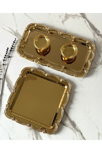 Melinda Fiore Gold-Gold /Kare - Dikdörtgen Söz Nişan Set Çay Kahve Servis Sun...