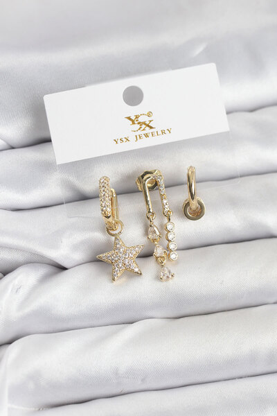 Lisinya Brass Gold Color Zircon Stone Star Vintage Model Ysx Trio Earring Set...