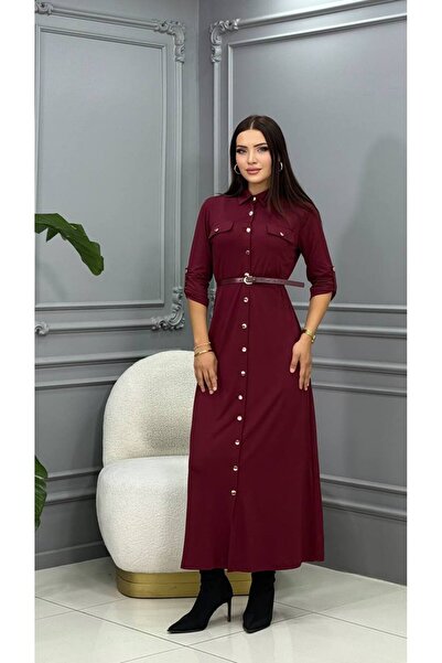 Genesis cannes Cannes Linda Cep Detaylı Bordo Gömlek Elbise - Gold Düğmeli ve...
