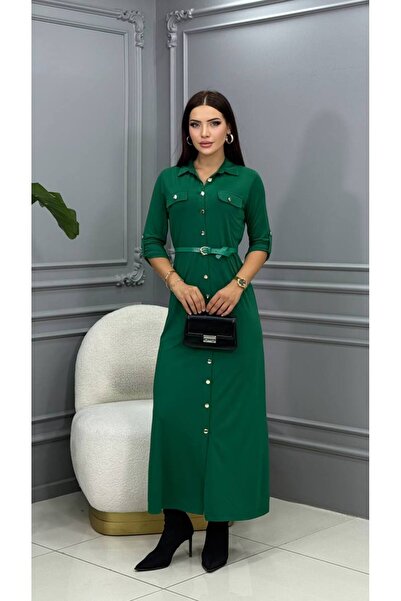 Genesis cannes Cannes Linda Green Shirt Dress with Pocket Detail - Gold Butto...