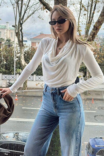 Swist White Flowy Degaje Collar Long Sleeve Women's Blouse