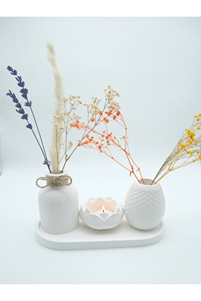 ATEŞLER HEDİYELİK White Decorative Vase and Candle Holder Set