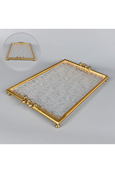 Generic Rectangular serving tray made of clear acrylic with a copper-colored steel frame, measuring 45 cm x 29 cm, lightweight for hospitality.