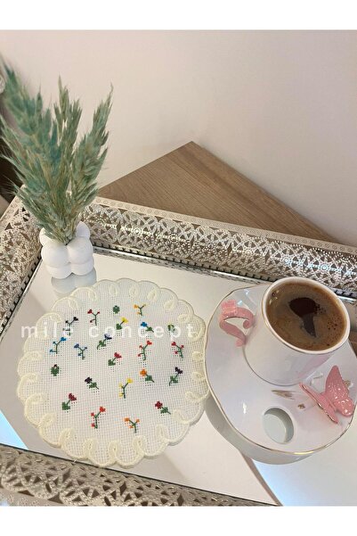 MİLE CONCEPT Çiçek Desen Etamin İşlemeli Keten Kumaş Kahve Yanı Kokteyl Sunum...