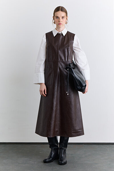 Manuka Short-Detail Leather Dress Brown