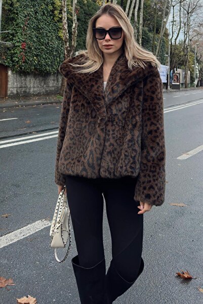 Swist Brown Leopard Pattern Double-Breasted Collar Women's Plush Fur