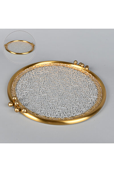 Generic Round serving tray, clear glass, patterned with a copper steel frame, 38 cm. Elegant design for serving and hospitality.
