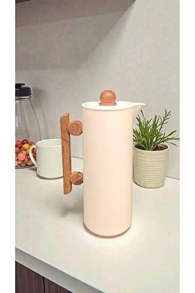 AR HOME 1-liter tea/coffee Vacuum flask -thermos, Cream color, with a wooden ...