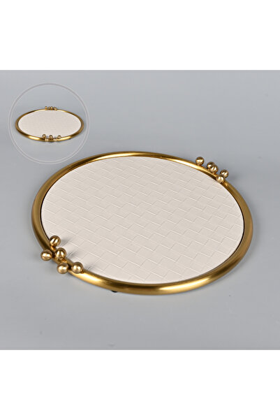 Generic Round serving tray in beige faux leather, 38 cm in diameter, with an elegant and lightweight copper-plated steel frame, perfect for serving and entertaining.