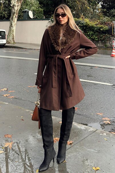 Swist Brown Collar Fur Sleeve Cuff Detail Belted Women's Cashmere Coat