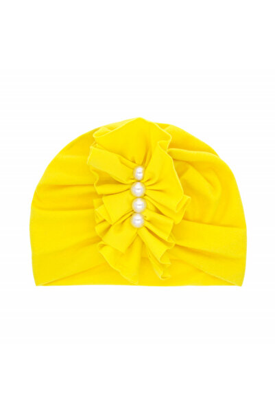 Superbaby Caciulita galbena tip turban cu perlute aplicate in fata