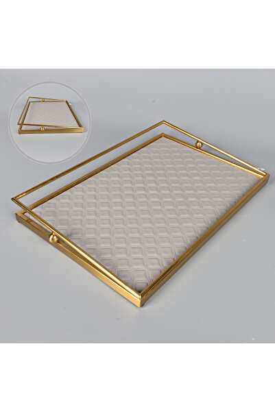 Generic Rectangular serving tray 42x28 cm, dark gray faux leather with a luxurious brass steel frame, suitable for serving coffee.