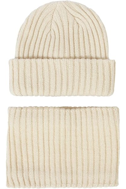 OEM Children's winter hat and tubular scarf set, knitted, beige, 0-2 years