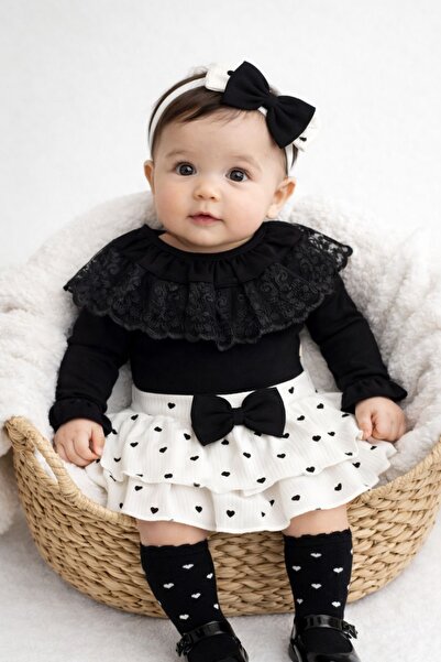 Minytrendy Baby Girl Skirted Bodysuit Set with Ruffled Collar, Covered Mevlüt...