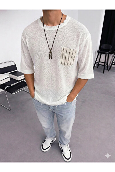 FıttingRoom قصة فضفاضة تي شيرت من القطن والكتان البوهيمي باللون الأبيض الفاتح