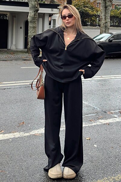 Swist طقم نسائي من سروال رياضي أسود بسحاب نصفي