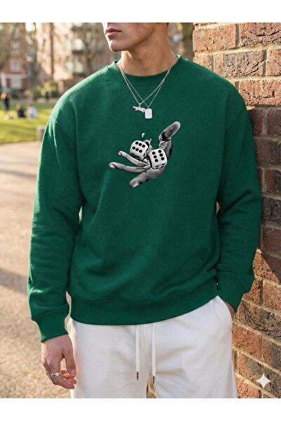 Trend Sizde Unisex Green Dice Printed Casual Crew Neck Look Sweatshirt for Fa...
