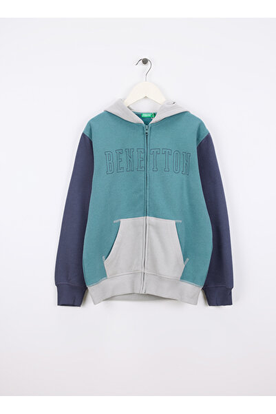 Benetton Koyu Yeşil - Gri Erkek Çocuk Baskılı Sweatshirt 3EB5C505L