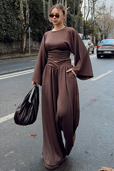 Swist Brown Batwing Sleeve Crop Waist Detail Wide Leg Pants Women's Top and B...