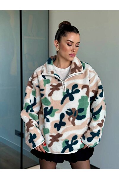 MATTİMODA Kadın Desenli Yarım Fermuar Sweatshirt