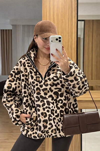 MATTİMODA Kadın Leopar Desen Peluş Yarım Fermuarlı Kazak