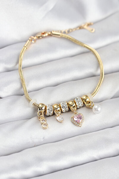 FREEDOM STOREE Brass Gold Color Pink Heart Charm Women's Bracelet