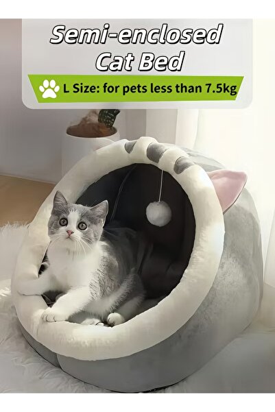 YANCI سرير كهف للقطط بحجم كبير، عش شبه مغلق للحيوانات الأليفة، خيمة قطيفة مع ...