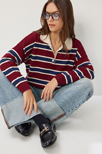 Lovelyİstanbul Striped Polo Neck Knitwear Sweater Lxa0023 Bordo Laci̇vert