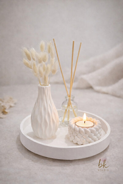 Bkstudio Dekoratif tepsi oda kokusu vazo burgu mumluk 4 lü set, hediyelik eşya