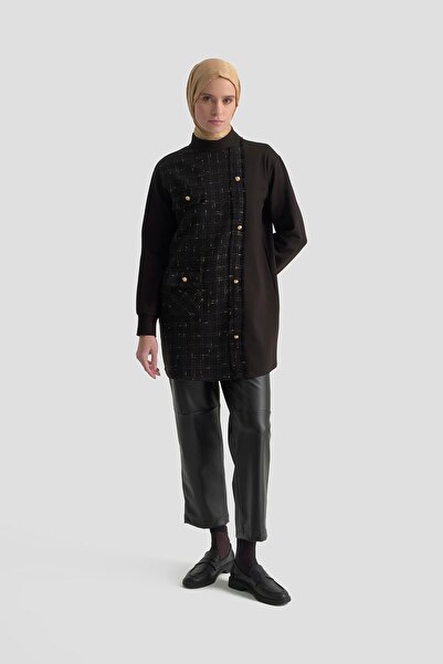 Armine TREND Gold Düğme Detaylı Fermuarlı Tunik Siyah 25KT415