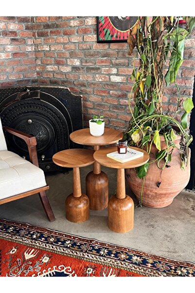 Fagus Wood 3'lü Zigon Mantar Sehpa Terra | Masif Ahşap Modern Yan Sehpa Takımı