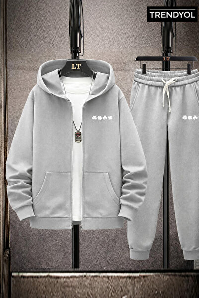 CLASSY.MODA Men's Zippered Hooded Minimal Symbol Printed Black Tracksuit Set