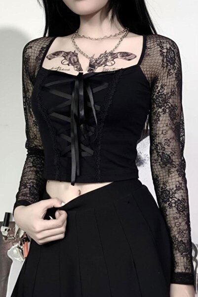 Karakedi Black Harajuku Fashion Gothic Detailed Y2K Long Sleeve Crop