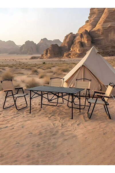 Taimi 5-piece camping set: Folding height-adjustable table (120x55x62) with 4 folding chairs - Beige/Black