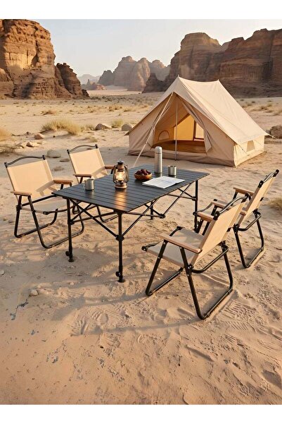 Taimi 5-piece camping set: Folding height-adjustable table (120x55x80) with 4 folding chairs - Beige/Black