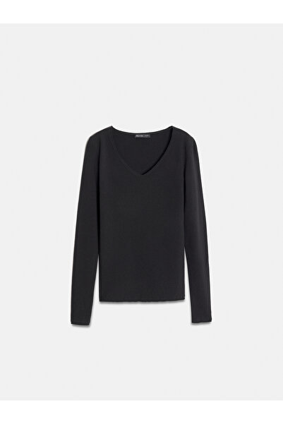 Dilvin 10842 V Yaka Kaşmir Karışımlı Kazak-Siyah