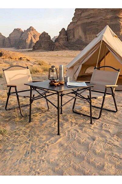 Taimi 3-piece camping set: Folding height-adjustable table (53x51x80) with 2 folding chairs - Beige/Black