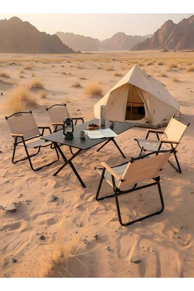 Taimi 5-piece camping set: Folding height-adjustable table (90x60x45) with 4 folding chairs - Beige/Black