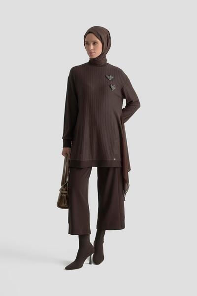 Armine TREND Kendinden Çizgili Broş Detaylı Asimetrik Kesim Pantolonlu İkili ...