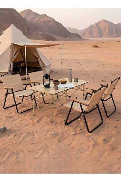 Taimi 5-piece camping set: Folding height-adjustable table (95x55x50) with 4 folding chairs - Beige