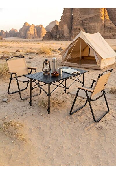 Taimi 3-piece camping set: Folding height-adjustable table (95x55x80) with 2 folding chairs - Beige